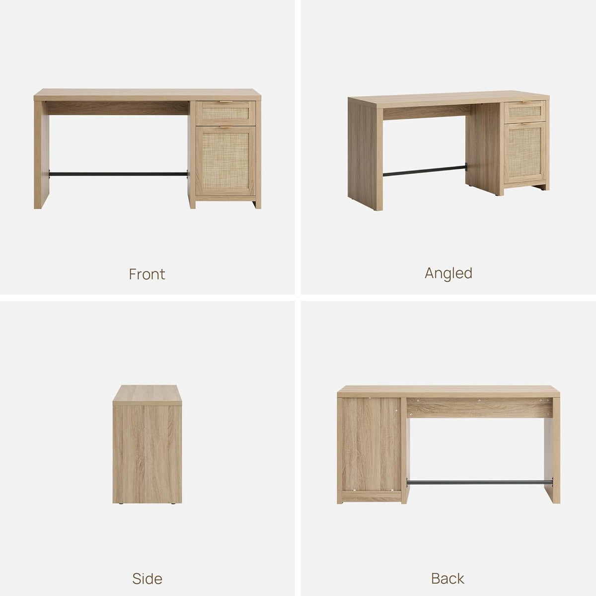 Rattan Home Office Desk with Drawer, 59" Farmhouse Boho Executive Desk with Storage Cabinet, Large Computer Writing Table Vanity Desk for Office, Study, Living Room, Light Oak