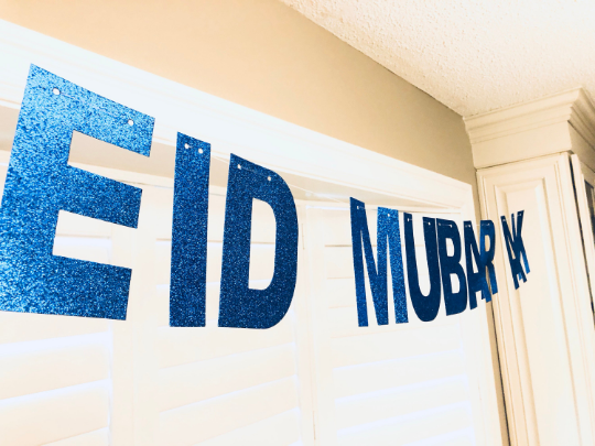 Two Blue Sparkle Banners: Ramadan Mubarak and Eid Mubarak Banners