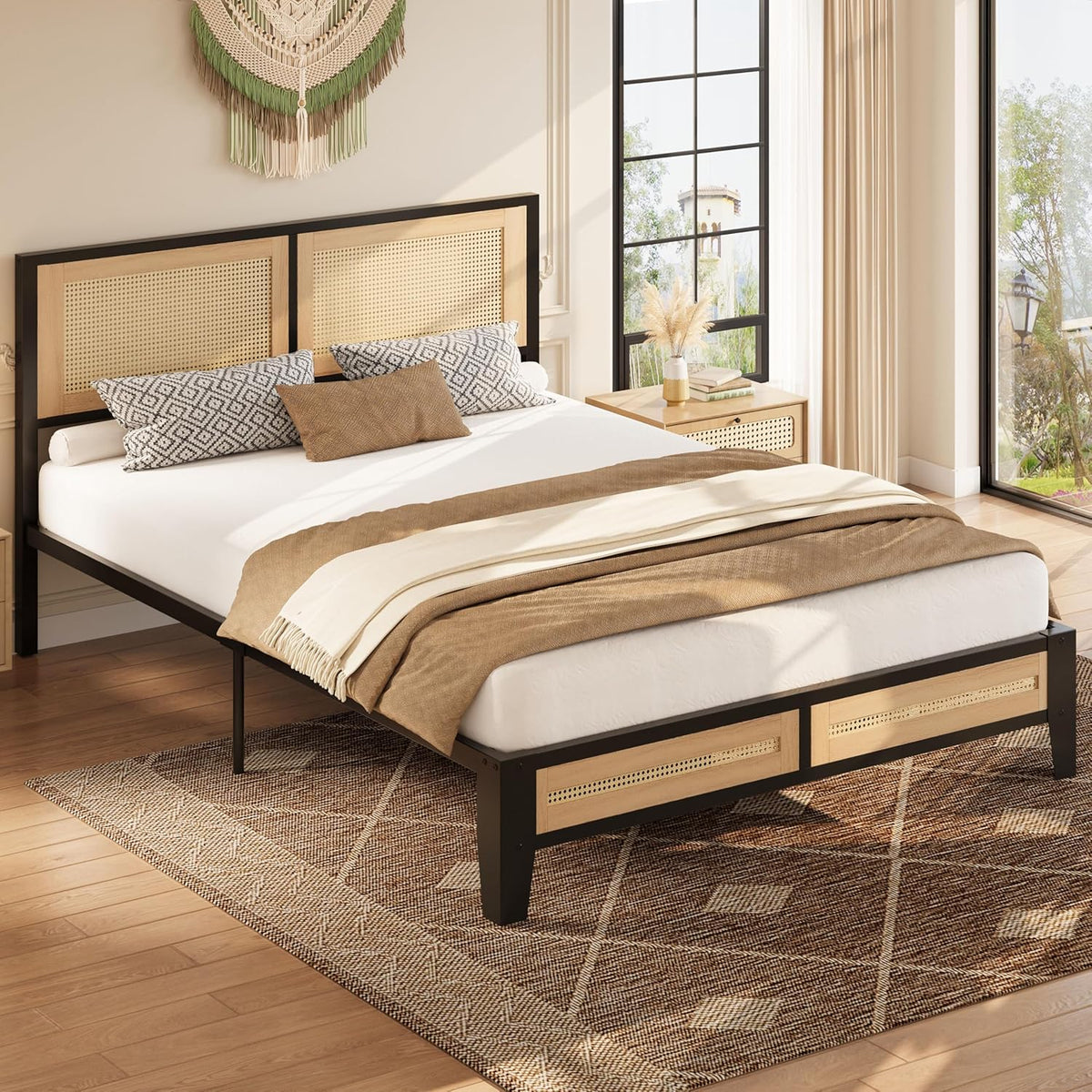 Rattan Full Bed Frame with Headboard, Boho Bed with Noise-Free | Full Bed Frame Wood with a Weight Capacity of up to 750 Pounds and Perfect for Compliments Coastal, Farmhouse, or Modern
