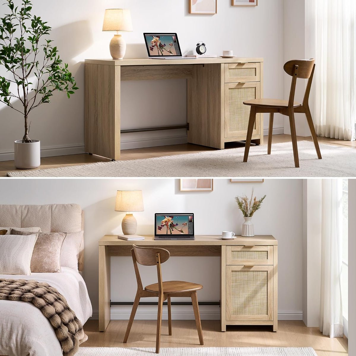 Rattan Home Office Desk with Drawer, 59" Farmhouse Boho Executive Desk with Storage Cabinet, Large Computer Writing Table Vanity Desk for Office, Study, Living Room, Light Oak