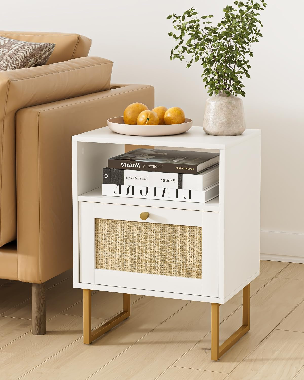 Rattan Nightstand, Boho Night Stand Farmhouse Wood Bedside Table with Storage and Open Shelf, End Side Accent Table for Bedroom,Living Room,White