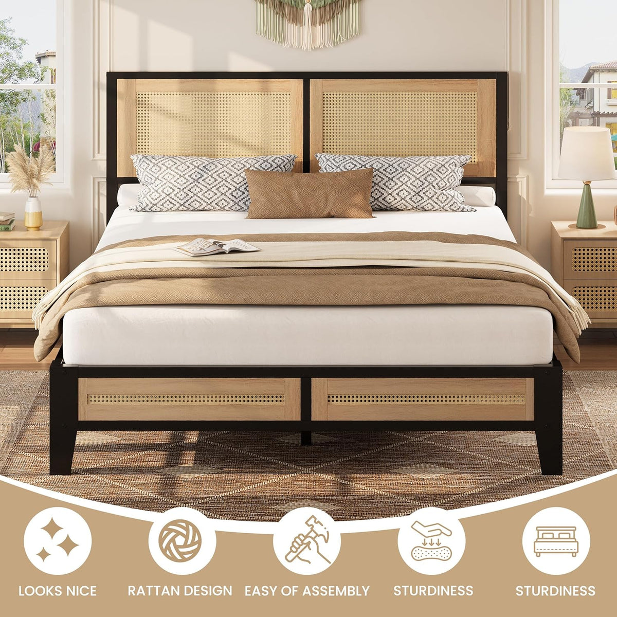 Rattan Full Bed Frame with Headboard, Boho Bed with Noise-Free | Full Bed Frame Wood with a Weight Capacity of up to 750 Pounds and Perfect for Compliments Coastal, Farmhouse, or Modern