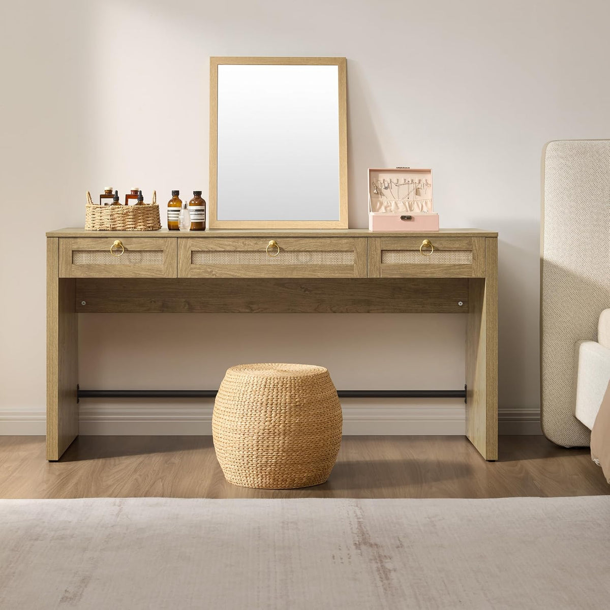 60" Rattan Computer Desk Writing Table with Storage: Long Home Office Desk with 3 Drawers, Farmhouse Executive Desk Console Table for Living Room, Office (Carbon Cherry, 1 Piece)