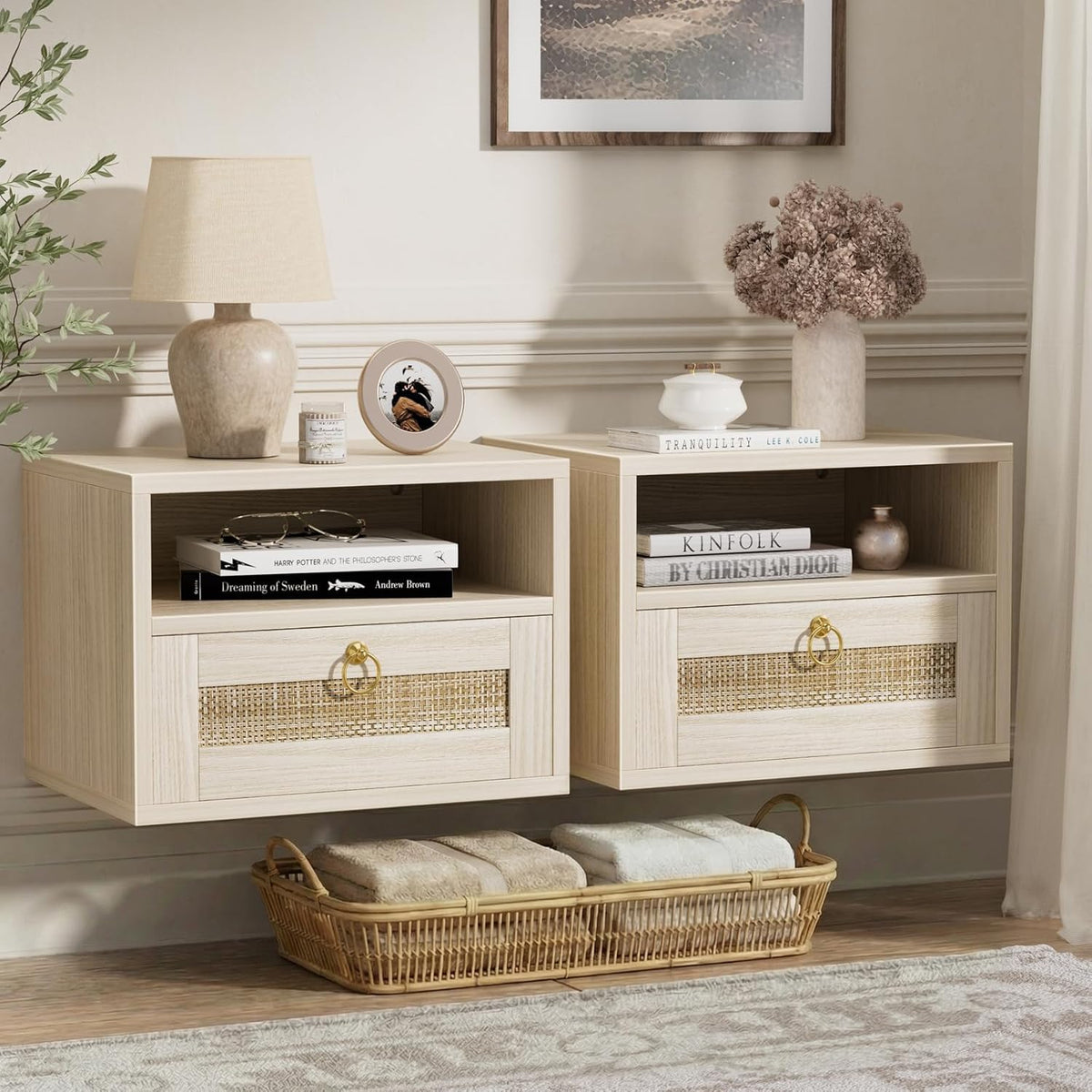 Floating Nightstand Set of 2 with Drawer for Wall Mounted Hanging Rattan Night Stand Bed Side Tables Wooden End Table Small Boho Dressers for Bedroom Farmhouse Shelves with Drawers