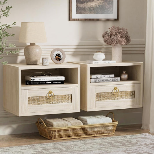Floating Nightstand Set of 2 with Drawer for Wall Mounted Hanging Rattan Night Stand Bed Side Tables Wooden End Table Small Boho Dressers for Bedroom Farmhouse Shelves with Drawers