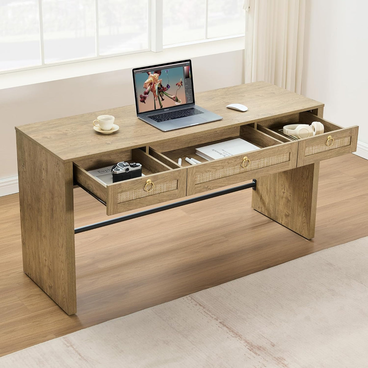 60" Rattan Computer Desk Writing Table with Storage: Long Home Office Desk with 3 Drawers, Farmhouse Executive Desk Console Table for Living Room, Office (Carbon Cherry, 1 Piece)