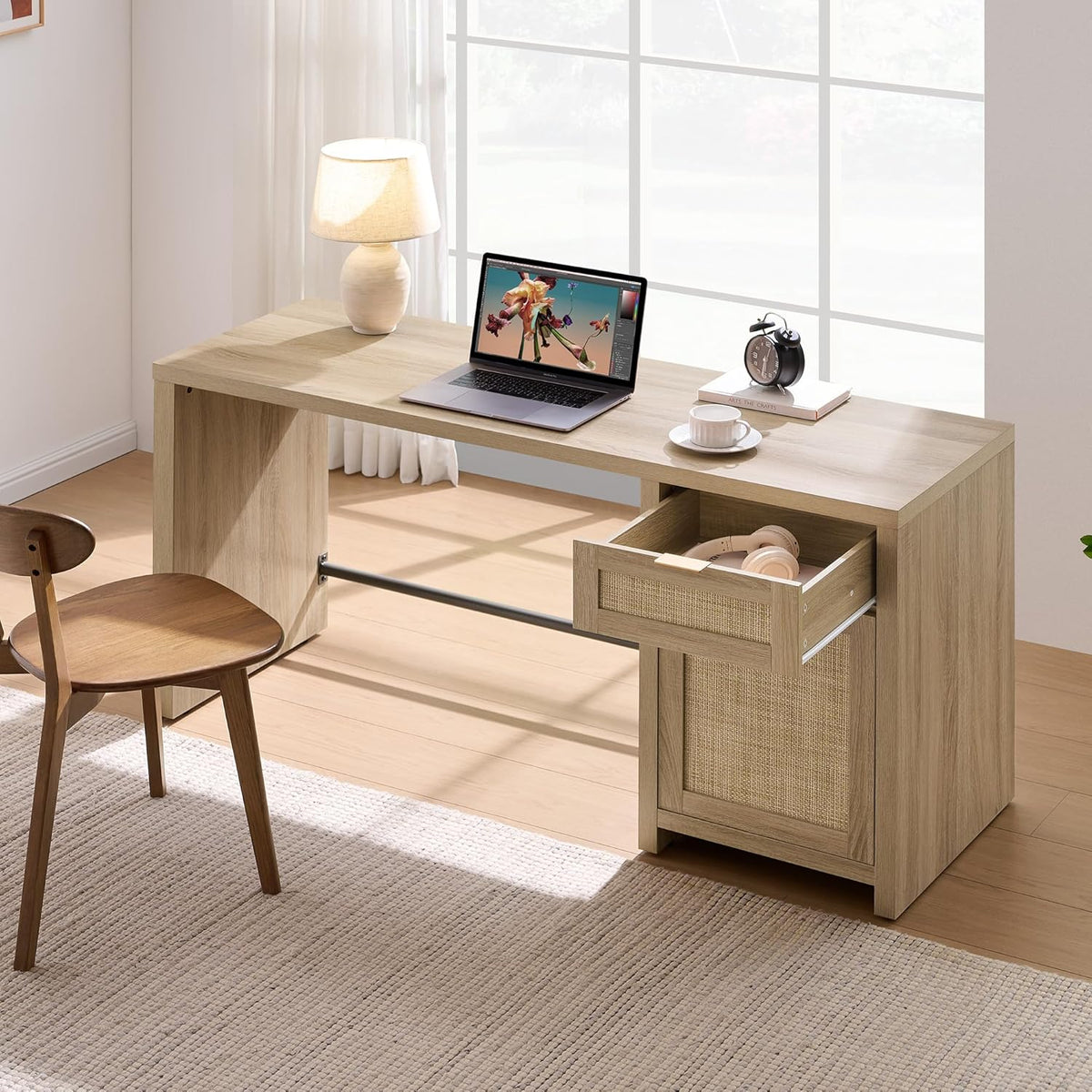 Rattan Home Office Desk with Drawer, 59" Farmhouse Boho Executive Desk with Storage Cabinet, Large Computer Writing Table Vanity Desk for Office, Study, Living Room, Light Oak