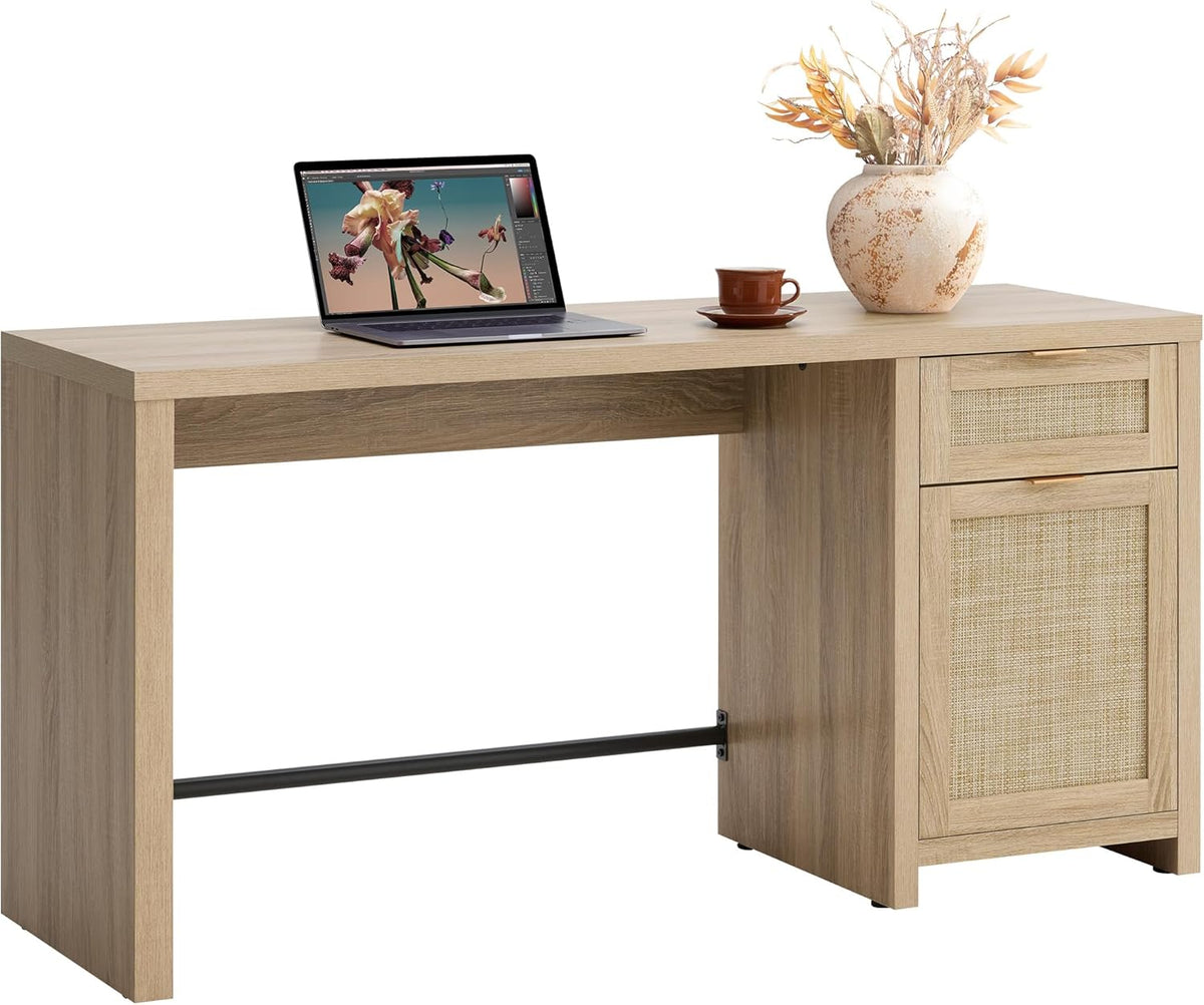 Rattan Home Office Desk with Drawer, 59" Farmhouse Boho Executive Desk with Storage Cabinet, Large Computer Writing Table Vanity Desk for Office, Study, Living Room, Light Oak