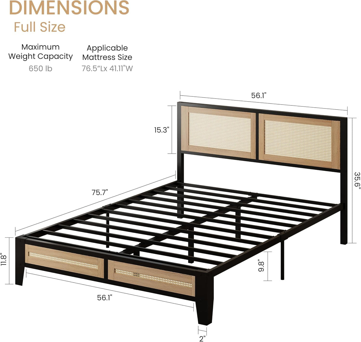 Rattan Full Bed Frame with Headboard, Boho Bed with Noise-Free | Full Bed Frame Wood with a Weight Capacity of up to 750 Pounds and Perfect for Compliments Coastal, Farmhouse, or Modern