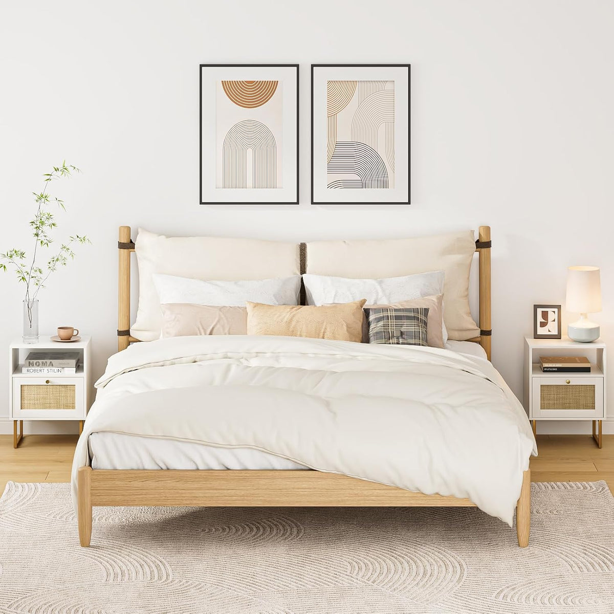 Rattan Nightstand, Boho Night Stand Farmhouse Wood Bedside Table with Storage and Open Shelf, End Side Accent Table for Bedroom,Living Room,White