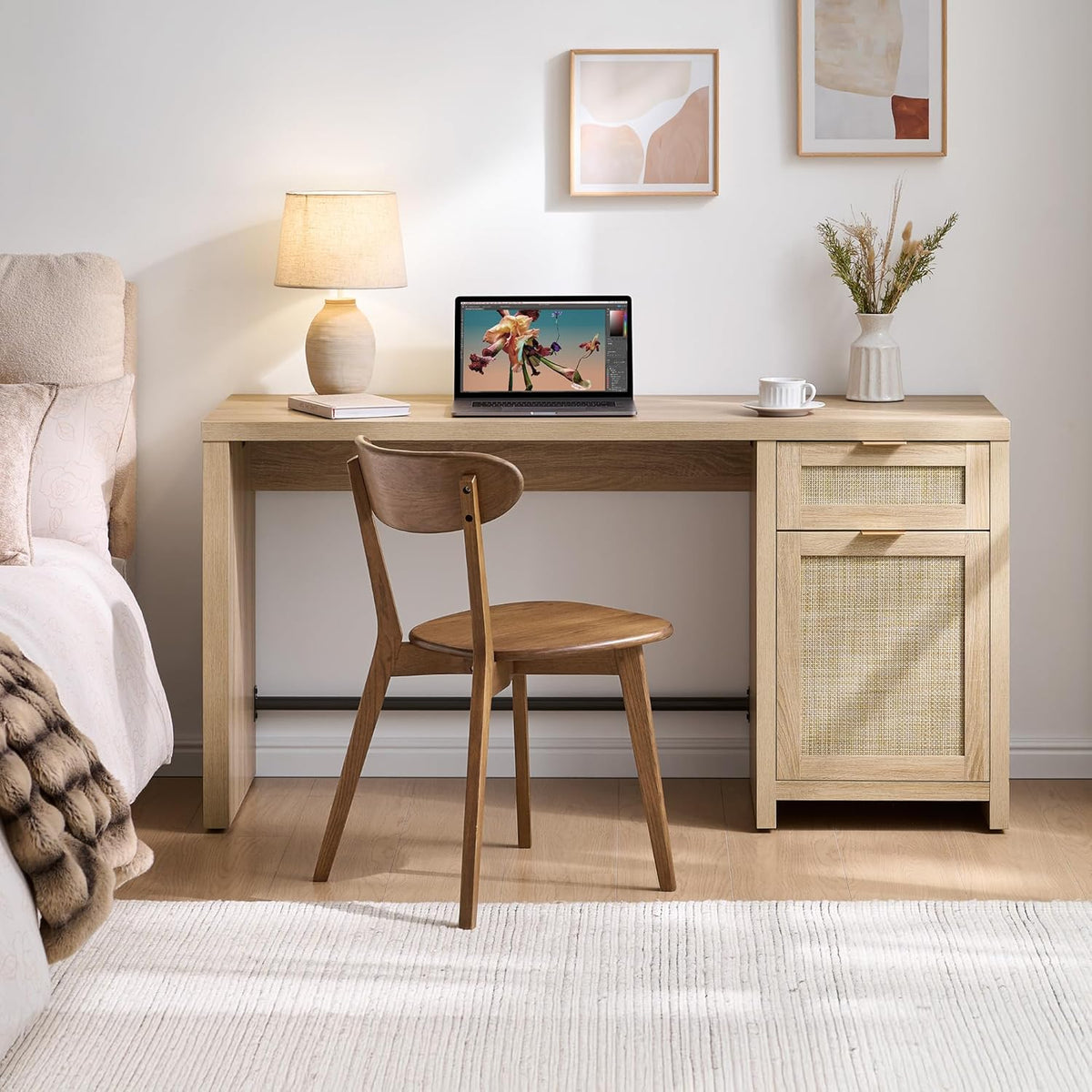 Rattan Home Office Desk with Drawer, 59" Farmhouse Boho Executive Desk with Storage Cabinet, Large Computer Writing Table Vanity Desk for Office, Study, Living Room, Light Oak