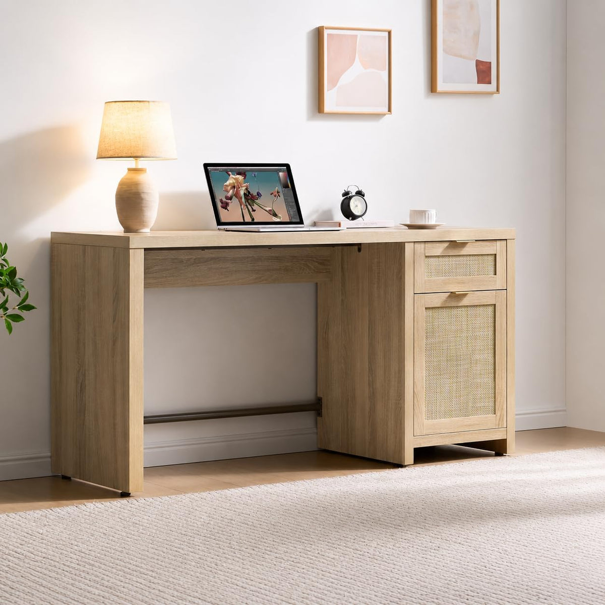 Rattan Home Office Desk with Drawer, 59" Farmhouse Boho Executive Desk with Storage Cabinet, Large Computer Writing Table Vanity Desk for Office, Study, Living Room, Light Oak