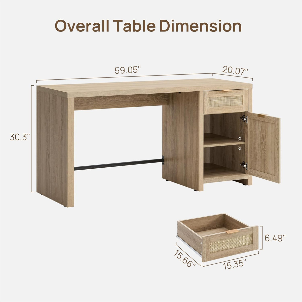 Rattan Home Office Desk with Drawer, 59" Farmhouse Boho Executive Desk with Storage Cabinet, Large Computer Writing Table Vanity Desk for Office, Study, Living Room, Light Oak
