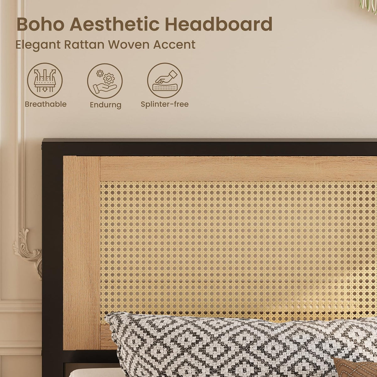Rattan Full Bed Frame with Headboard, Boho Bed with Noise-Free | Full Bed Frame Wood with a Weight Capacity of up to 750 Pounds and Perfect for Compliments Coastal, Farmhouse, or Modern