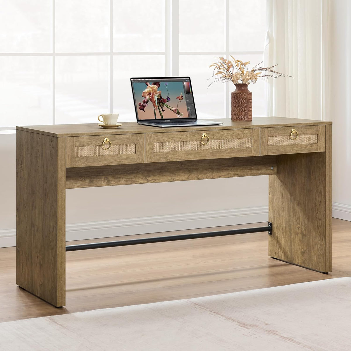 60" Rattan Computer Desk Writing Table with Storage: Long Home Office Desk with 3 Drawers, Farmhouse Executive Desk Console Table for Living Room, Office (Carbon Cherry, 1 Piece)