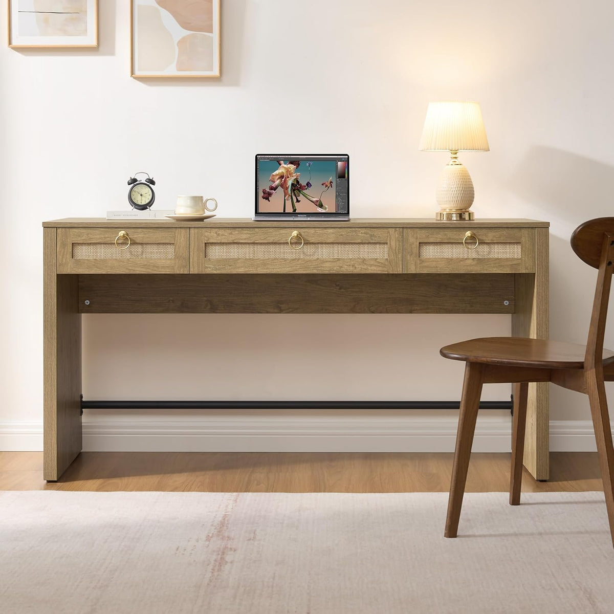 60" Rattan Computer Desk Writing Table with Storage: Long Home Office Desk with 3 Drawers, Farmhouse Executive Desk Console Table for Living Room, Office (Carbon Cherry, 1 Piece)