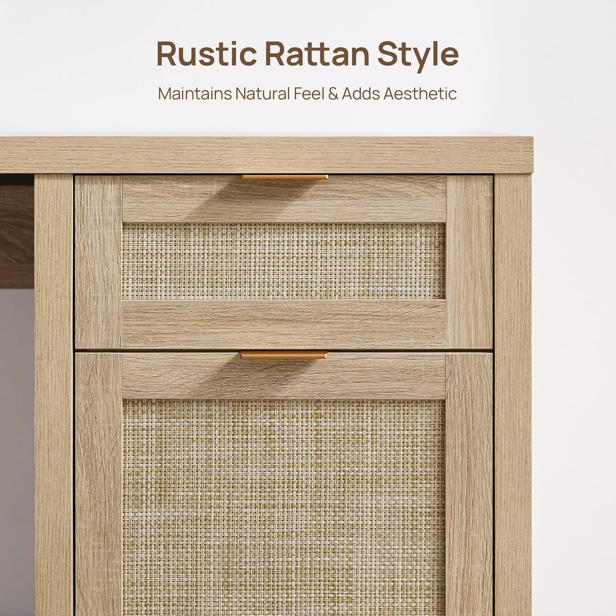 Rattan Home Office Desk with Drawer, 59" Farmhouse Boho Executive Desk with Storage Cabinet, Large Computer Writing Table Vanity Desk for Office, Study, Living Room, Light Oak