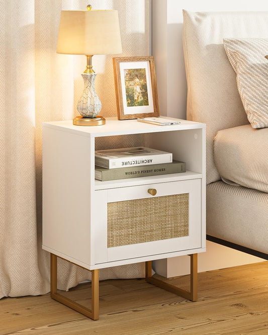 Rattan Nightstand, Boho Night Stand Farmhouse Wood Bedside Table with Storage and Open Shelf, End Side Accent Table for Bedroom,Living Room,White