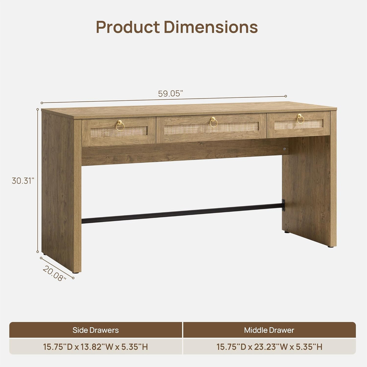 60" Rattan Computer Desk Writing Table with Storage: Long Home Office Desk with 3 Drawers, Farmhouse Executive Desk Console Table for Living Room, Office (Carbon Cherry, 1 Piece)