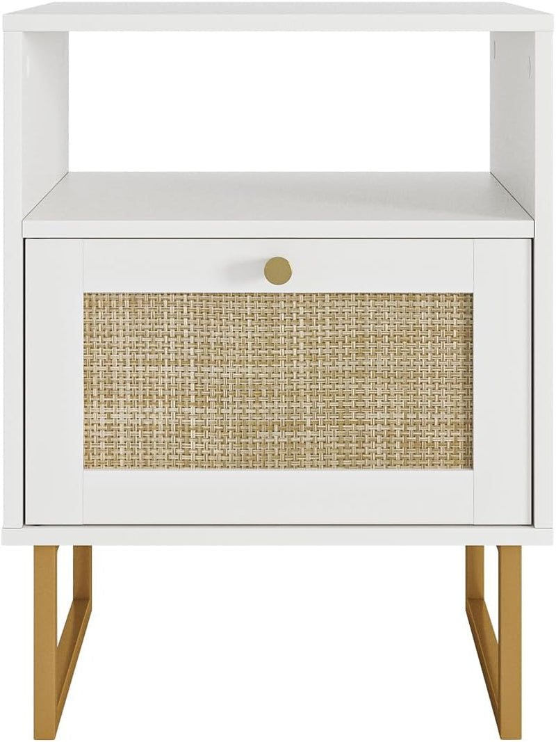 Rattan Nightstand, Boho Night Stand Farmhouse Wood Bedside Table with Storage and Open Shelf, End Side Accent Table for Bedroom,Living Room,White