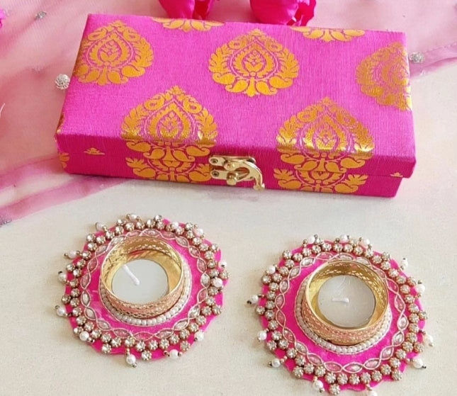 Pink Diwali Gift Box Set with 2 Decorative Diyas