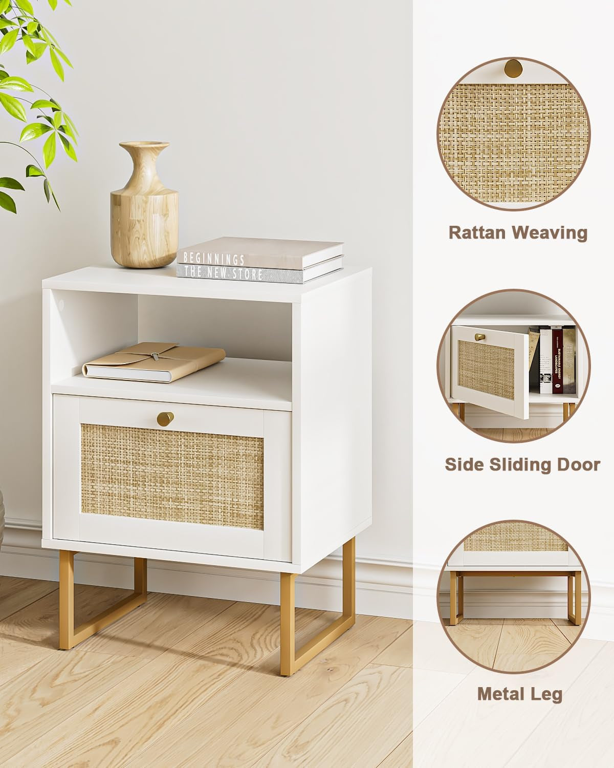 Rattan Nightstand, Boho Night Stand Farmhouse Wood Bedside Table with Storage and Open Shelf, End Side Accent Table for Bedroom,Living Room,White
