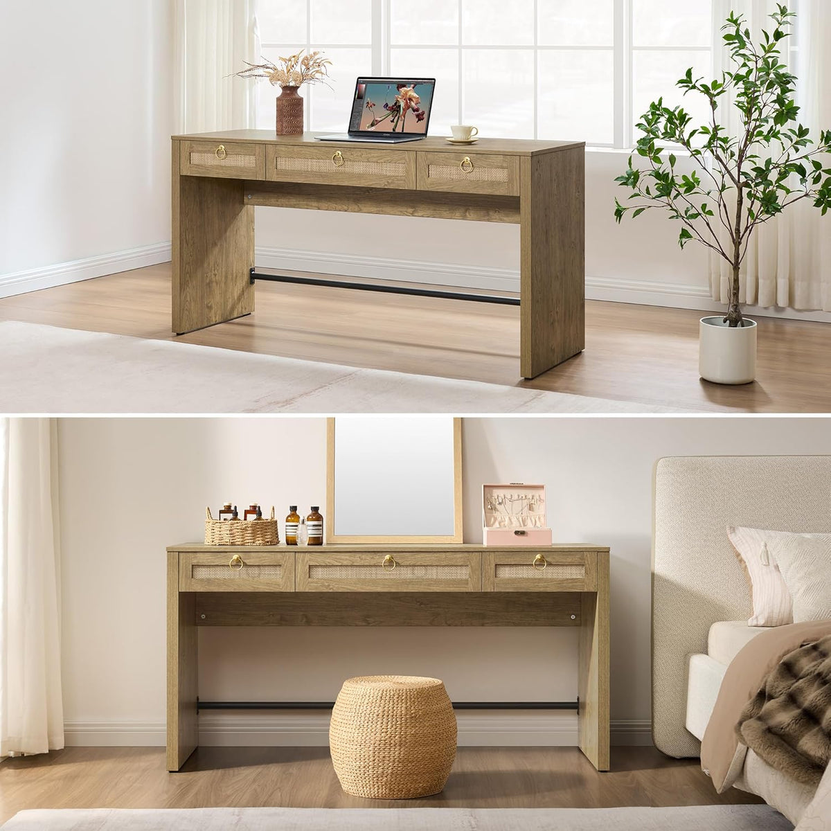 60" Rattan Computer Desk Writing Table with Storage: Long Home Office Desk with 3 Drawers, Farmhouse Executive Desk Console Table for Living Room, Office (Carbon Cherry, 1 Piece)