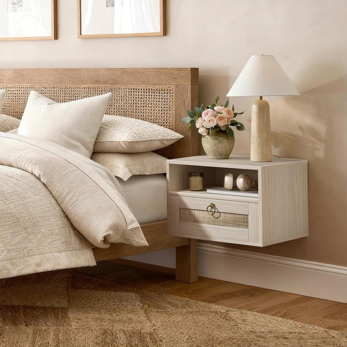 Floating Nightstand Set of 2 with Drawer for Wall Mounted Hanging Rattan Night Stand Bed Side Tables Wooden End Table Small Boho Dressers for Bedroom Farmhouse Shelves with Drawers