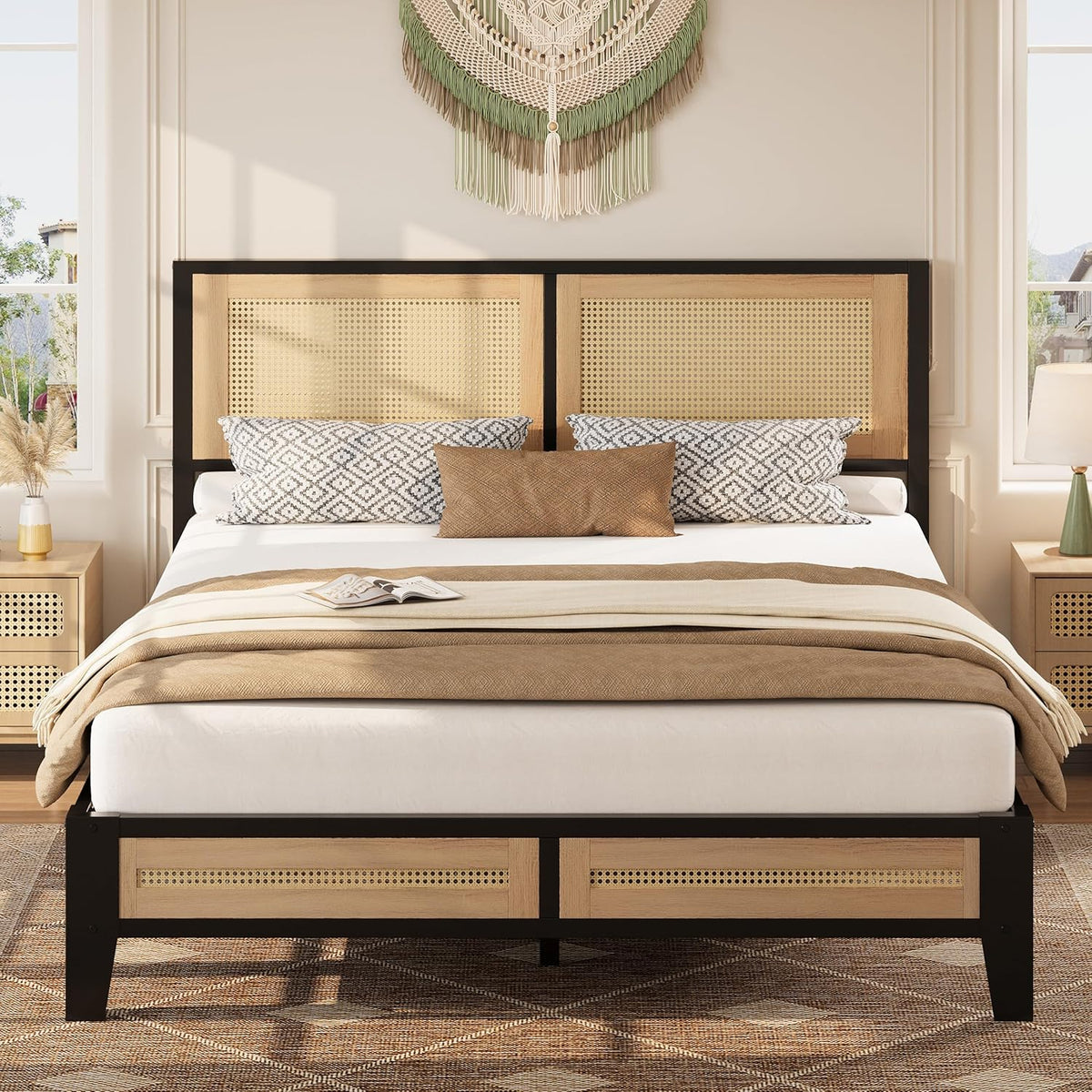 Rattan Full Bed Frame with Headboard, Boho Bed with Noise-Free | Full Bed Frame Wood with a Weight Capacity of up to 750 Pounds and Perfect for Compliments Coastal, Farmhouse, or Modern