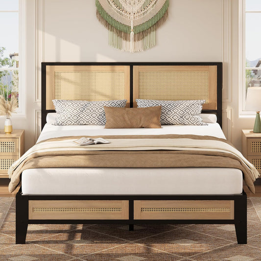 Rattan Full Bed Frame with Headboard, Boho Bed with Noise-Free | Full Bed Frame Wood with a Weight Capacity of up to 750 Pounds and Perfect for Compliments Coastal, Farmhouse, or Modern