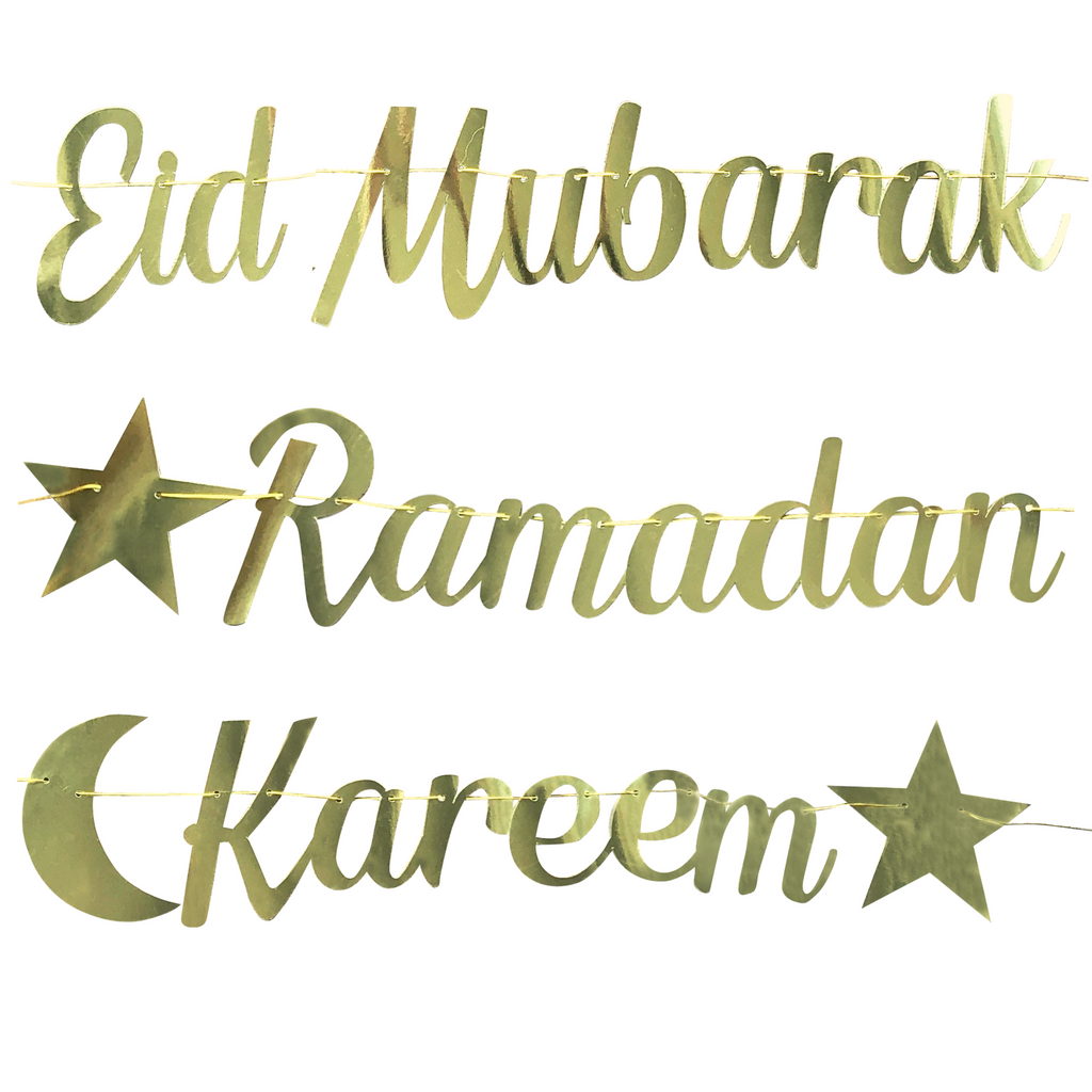 Gold Cursive Eid Mubarak and Ramadan Kareem Banner + 2 BALLOON SETS