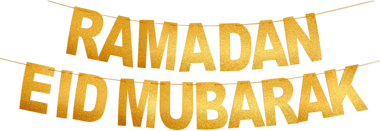 Two Shiny Traditional Gold Banners: Ramadan Mubarak and Eid Mubarak