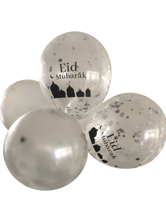 Silver Confetti and Metallic Sliver Eid Mubarak 12inch Latex Balloons