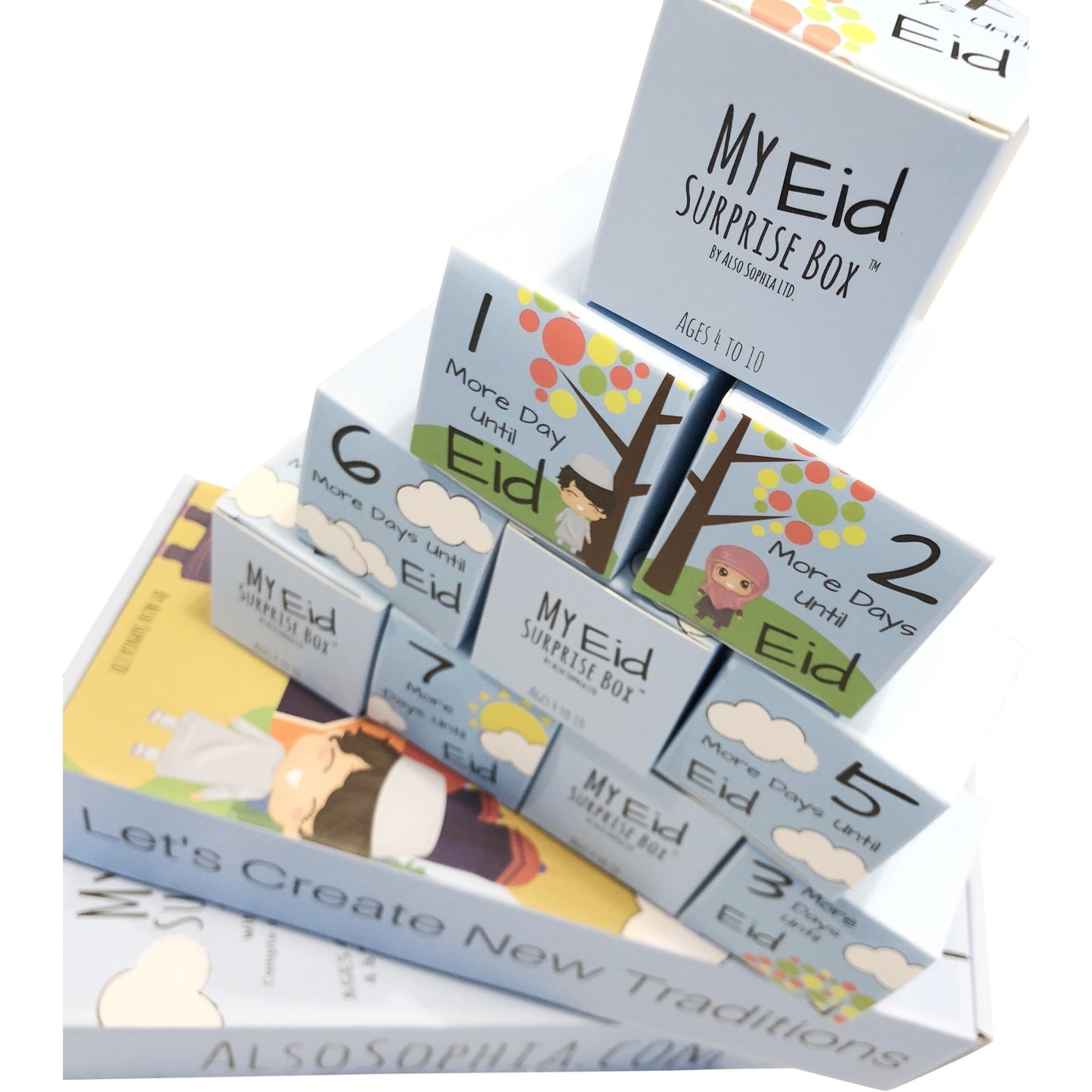 Inspire your child's Eid al Adhu Or Eid al Fitr Count Down 10 days prior to the big day.    Each My Eid Surprise Box™ contains 10 smaller blind boxes with a surprise toy suitable for a boy or a girl, ages 4 to 10.  