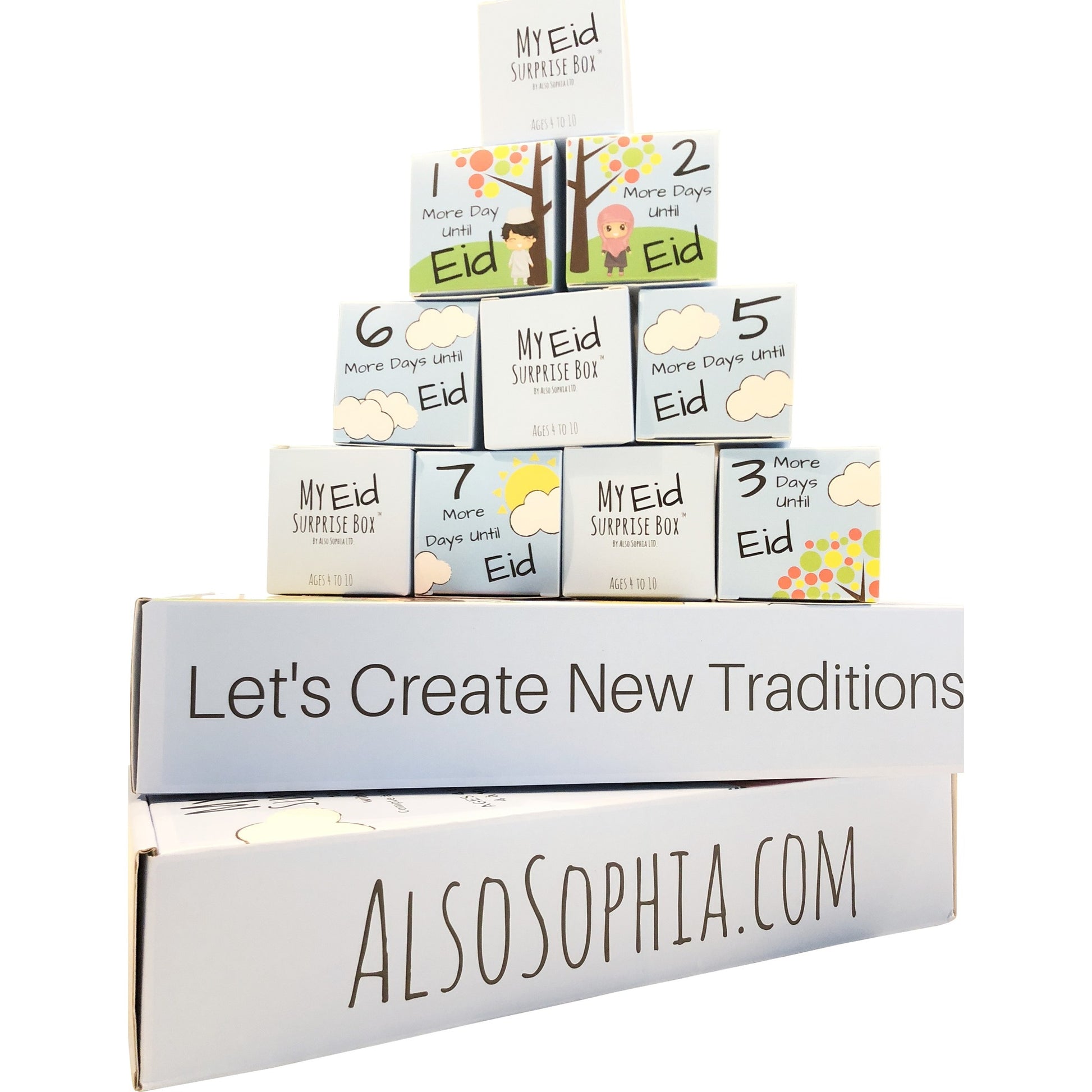 Inspire your child's Eid al Adhu Or Eid al Fitr Count Down 10 days prior to the big day.    Each My Eid Surprise Box™ contains 10 smaller blind boxes with a surprise toy suitable for a boy or a girl, ages 4 to 10.  