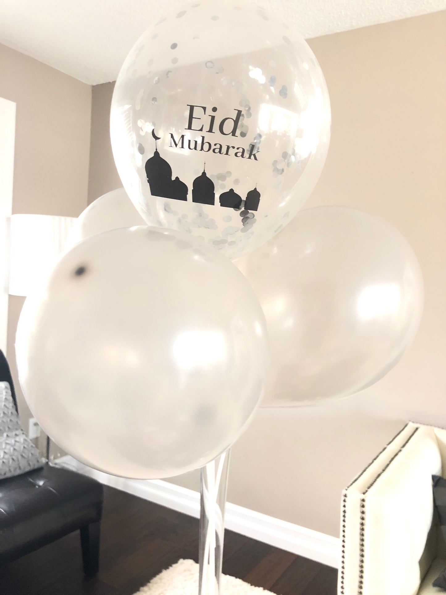 Silver Confetti and Metallic Sliver Eid Mubarak 12inch Latex Balloons