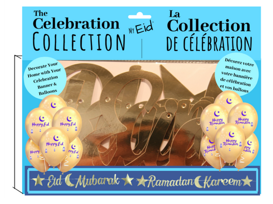Gold Cursive Eid Mubarak and Ramadan Kareem Banner + 2 BALLOON SETS