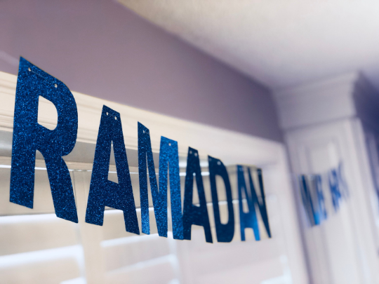 Two Blue Sparkle Banners: Ramadan Mubarak and Eid Mubarak Banners