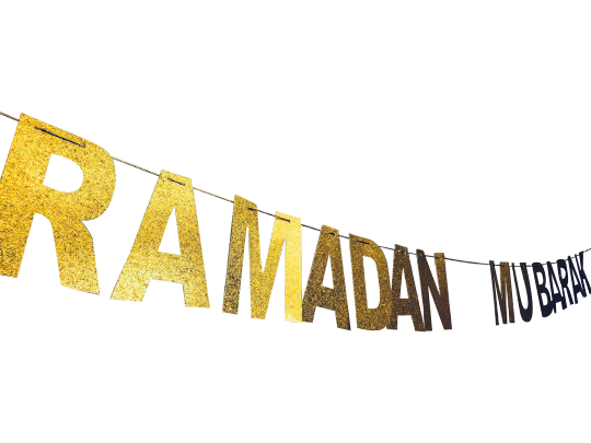 Two Shiny Traditional Gold Banners: Ramadan Mubarak and Eid Mubarak