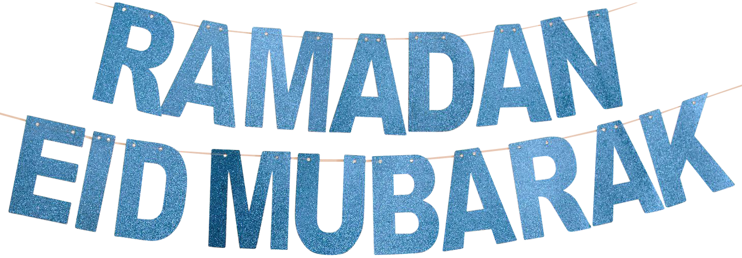 Two Blue Sparkle Banners: Ramadan Mubarak and Eid Mubarak Banners